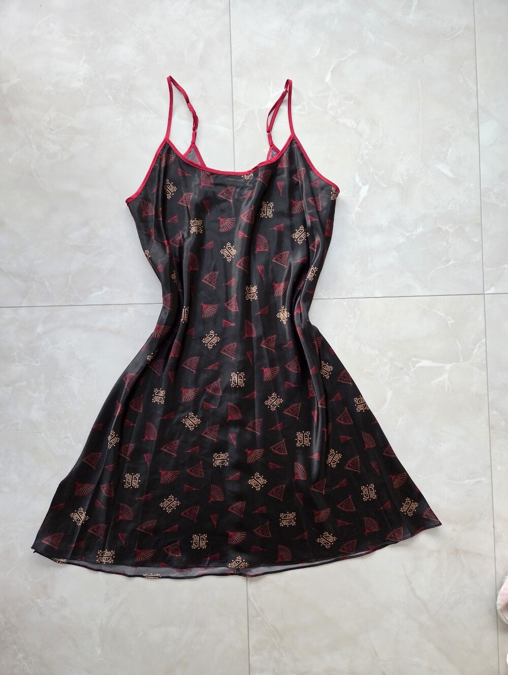 Gloria Vanderbilt Black Mini Slip Dress with Red Trim and Gold Motif